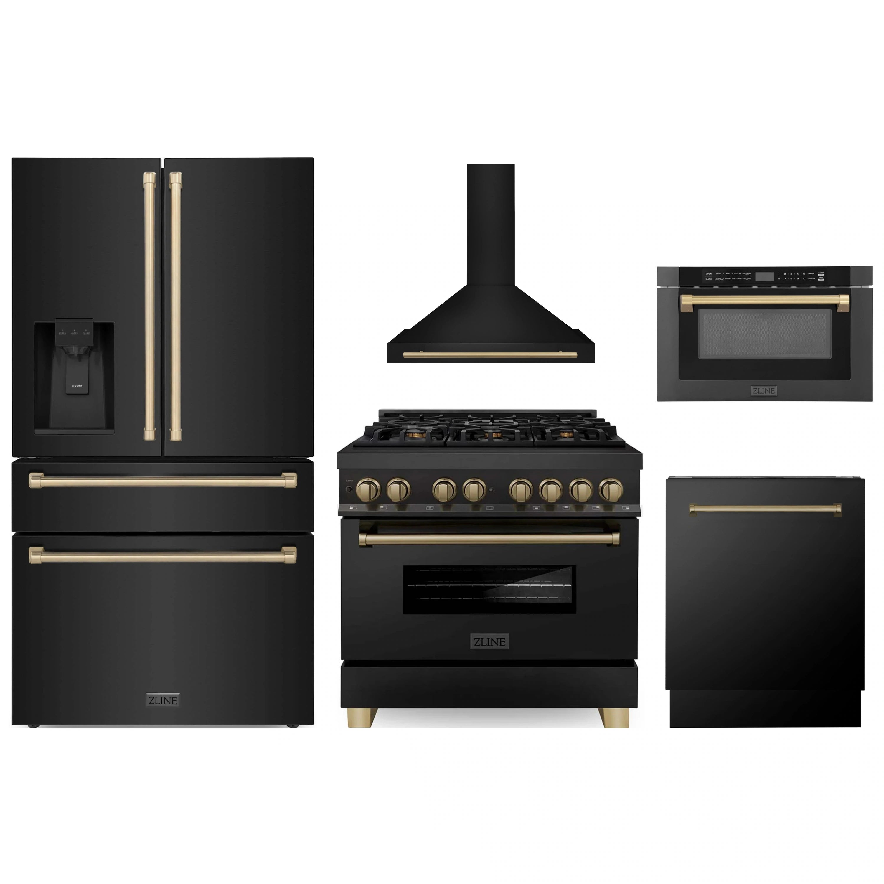 ZLINE black stainless appliance set with champagne bronze accents and stainless doors