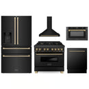 ZLINE 5-Piece Appliance Package - 36-Inch Legacy Dual Fuel Range, Wall Mount Range Hood, 36-Inch French Door Refrigerator with Water Dispenser, Dishwasher, and 30-Inch Microwave Drawer in Black Stainless Steel with Champagne Bronze Accents