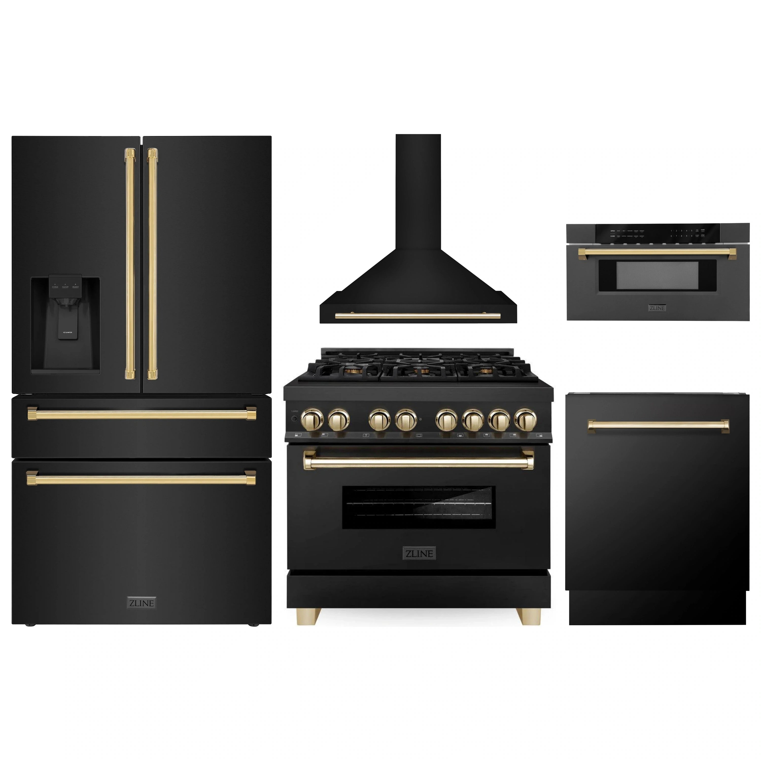 Black stainless 5-piece appliance package, gold accents: range, hood, fridge, dishwasher, microwave