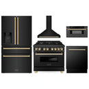 ZLINE 5-Piece Appliance Package - 36-Inch Legacy Dual Fuel Range, Wall Mount Range Hood, 36-Inch French Door Refrigerator with Water Dispenser, Dishwasher, and 30-Inch Microwave Drawer in Black Stainless Steel with Gold Accents