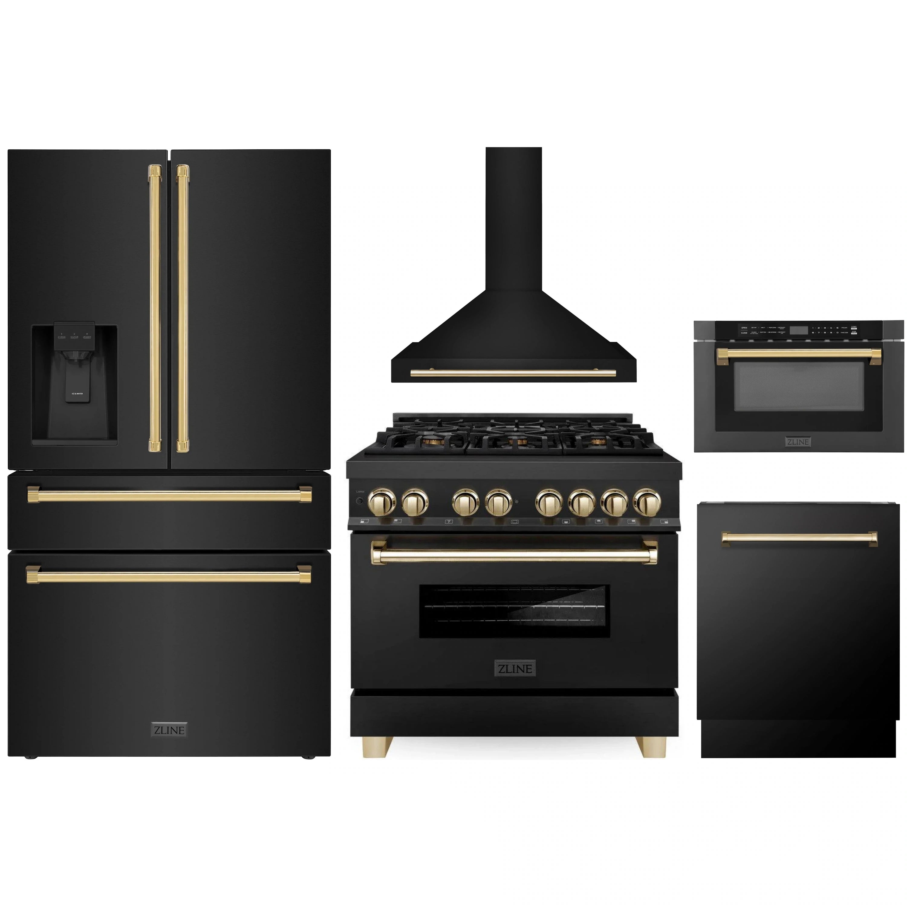 Black stainless steel appliance bundle with gold accents: range, hood, fridge, dishwasher