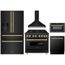 ZLINE 5-Piece Appliance Package - 36-Inch Legacy Dual Fuel Range, Wall Mount Range Hood, 36-Inch French Door Refrigerator with Water Dispenser, Dishwasher, and 30-Inch Microwave Drawer in Black Stainless Steel with Gold Accents