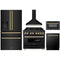 ZLINE 5-Piece Appliance Package - 36-Inch Legacy Dual Fuel Range, Wall Mount Range Hood, 36-Inch French Door Refrigerator with Water Dispenser, Dishwasher, and 30-Inch Microwave Drawer in Black Stainless Steel with Gold Accents