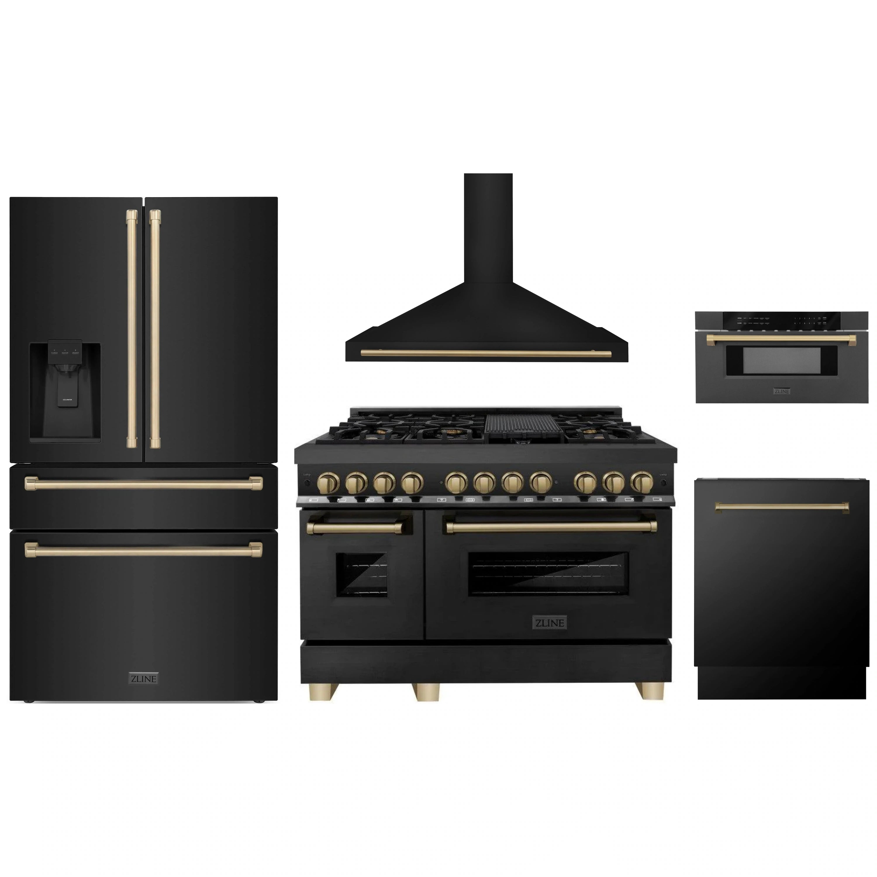 Stainless appliance bundle with range hood, dual fuel range, refrigerator, dishwasher, microwave