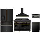 ZLINE 5-Piece Appliance Package - 48-Inch Legacy Dual Fuel Range, Wall Mount Range Hood, 36-Inch French Door Refrigerator with Water Dispenser, Dishwasher, and 30-Inch Microwave Drawer in Black Stainless Steel with Champagne Bronze Accents