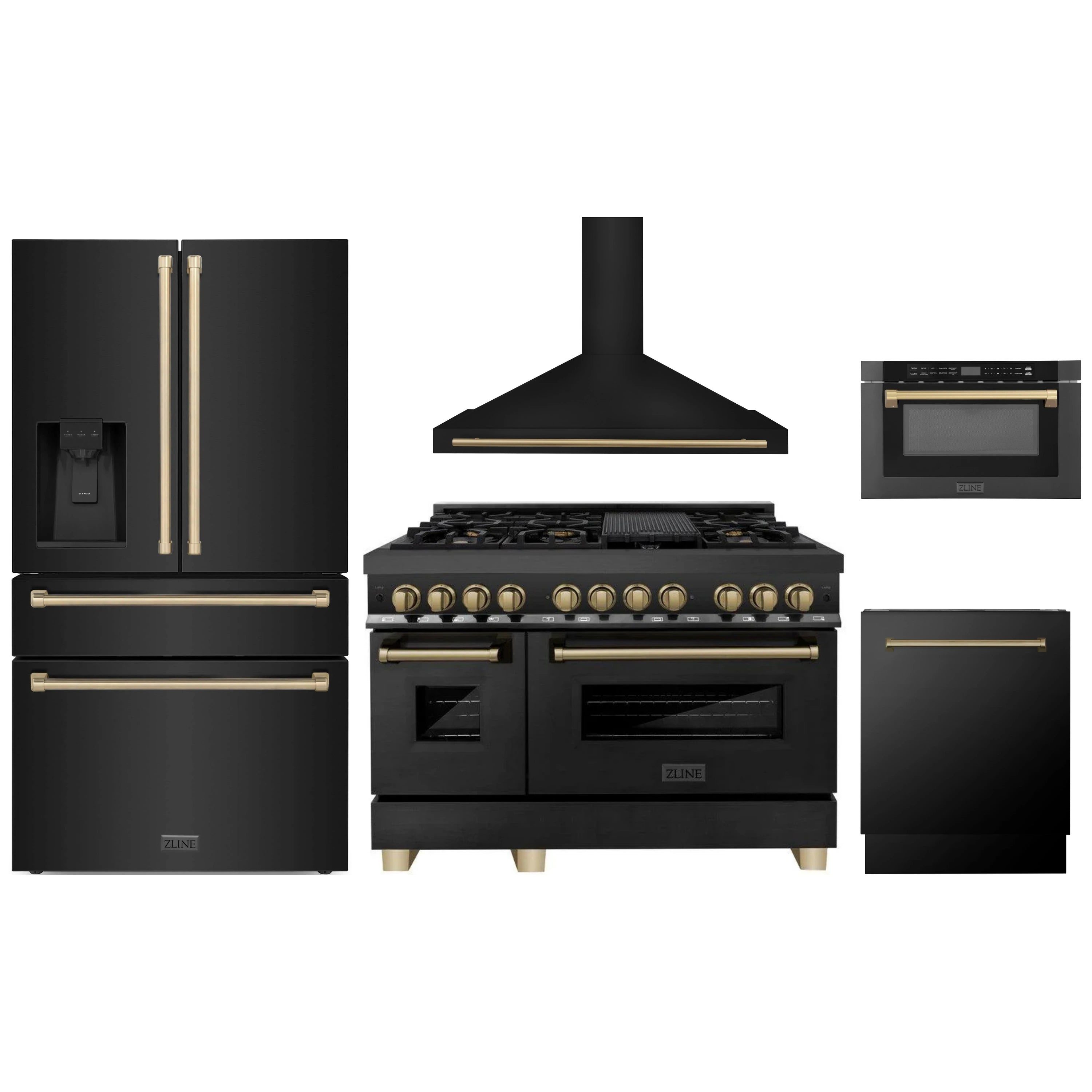 Five-piece kitchen appliance set in black stainless with champagne bronze accents