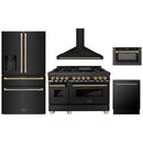 ZLINE 5-Piece Appliance Package - 48-Inch Legacy Dual Fuel Range, Wall Mount Range Hood, 36-Inch French Door Refrigerator with Water Dispenser, Dishwasher, and 30-Inch Microwave Drawer in Black Stainless Steel with Champagne Bronze Accents