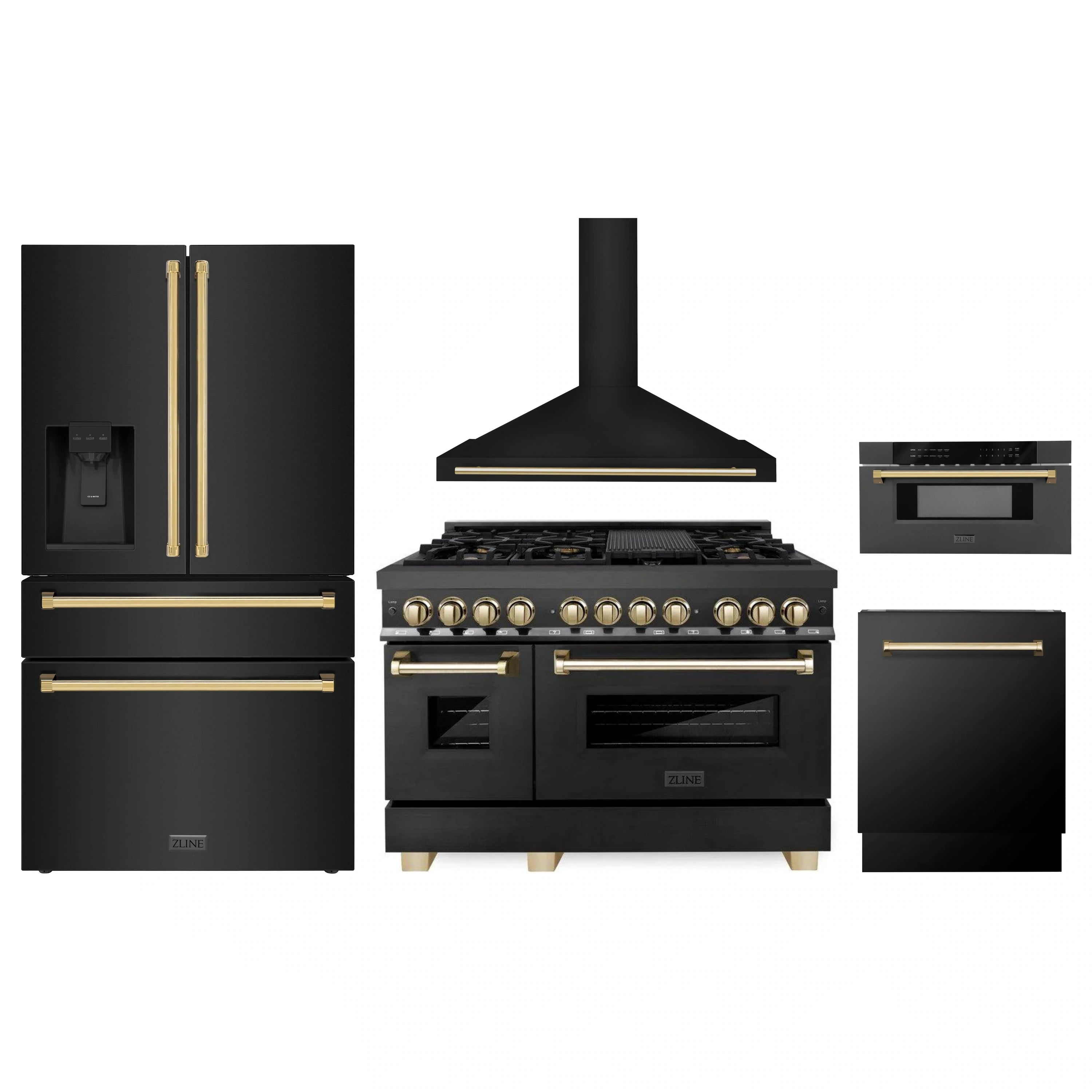 ZLINE 5-piece black stainless appliance set with gold-accent handles and range