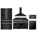 ZLINE 5-Piece Appliance Package - 48-Inch Legacy Dual Fuel Range, Wall Mount Range Hood, 36-Inch French Door Refrigerator with Water Dispenser, Dishwasher, and 30-Inch Microwave Drawer in Black Stainless Steel with Gold Accents
