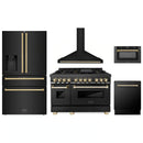 ZLINE 5-Piece Appliance Package - 48-Inch Legacy Dual Fuel Range, Wall Mount Range Hood, 36-Inch French Door Refrigerator with Water Dispenser, Dishwasher, and 30-Inch Microwave Drawer in Black Stainless Steel with Gold Accents