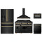 ZLINE 5-Piece Appliance Package - 48-Inch Legacy Dual Fuel Range, Wall Mount Range Hood, 36-Inch French Door Refrigerator with Water Dispenser, Dishwasher, and 30-Inch Microwave Drawer in Black Stainless Steel with Gold Accents