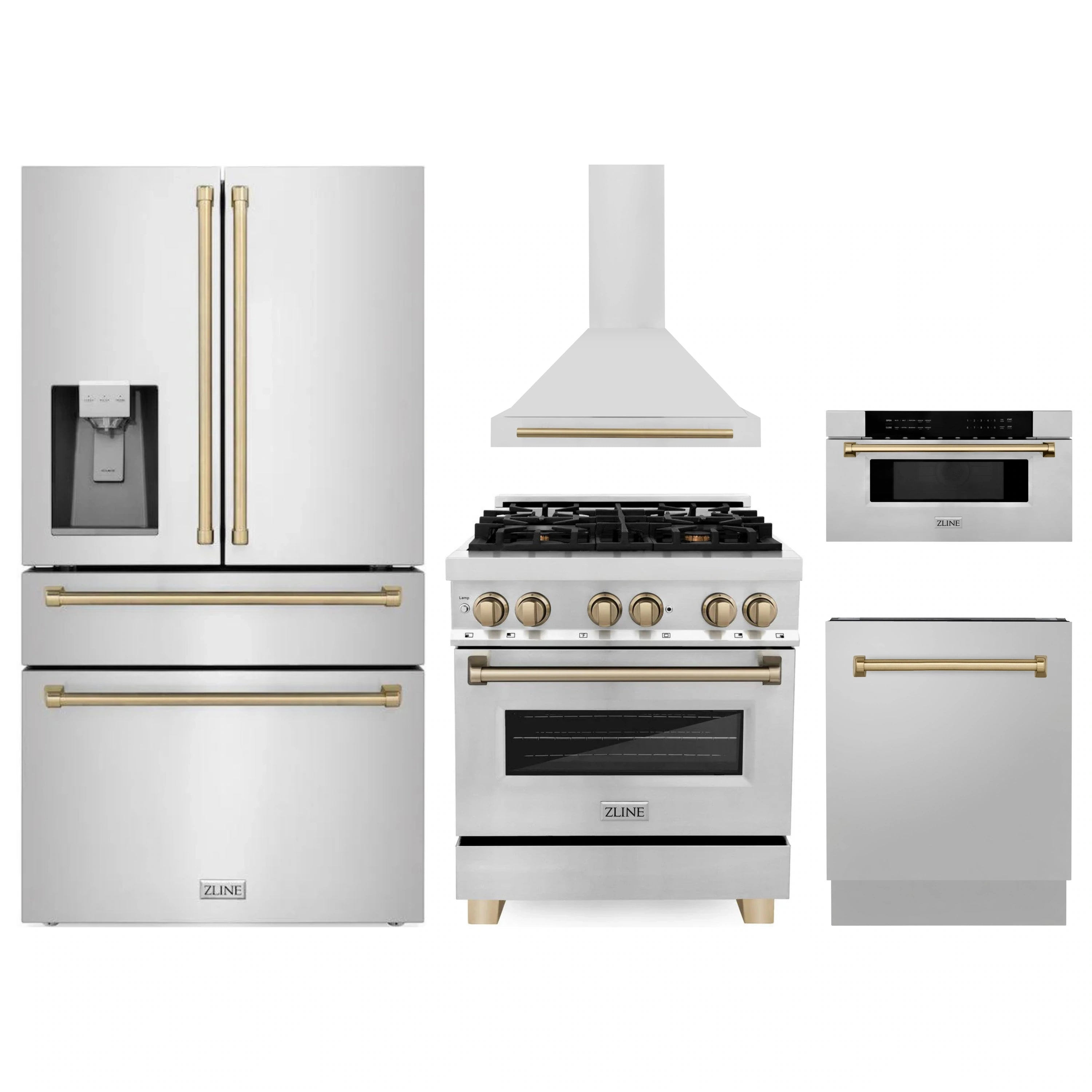 5-piece kitchen appliance set in stainless steel with champagne bronze accents