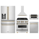 ZLINE 5-Piece Appliance Package - 30-Inch Legacy Autograph Dual Fuel Range, Wall Mount Range Hood, 36-Inch French Door Refrigerator with Water Dispenser, Dishwasher, and 30-Inch Microwave Drawer in Stainless Steel with Champagne Bronze Accents