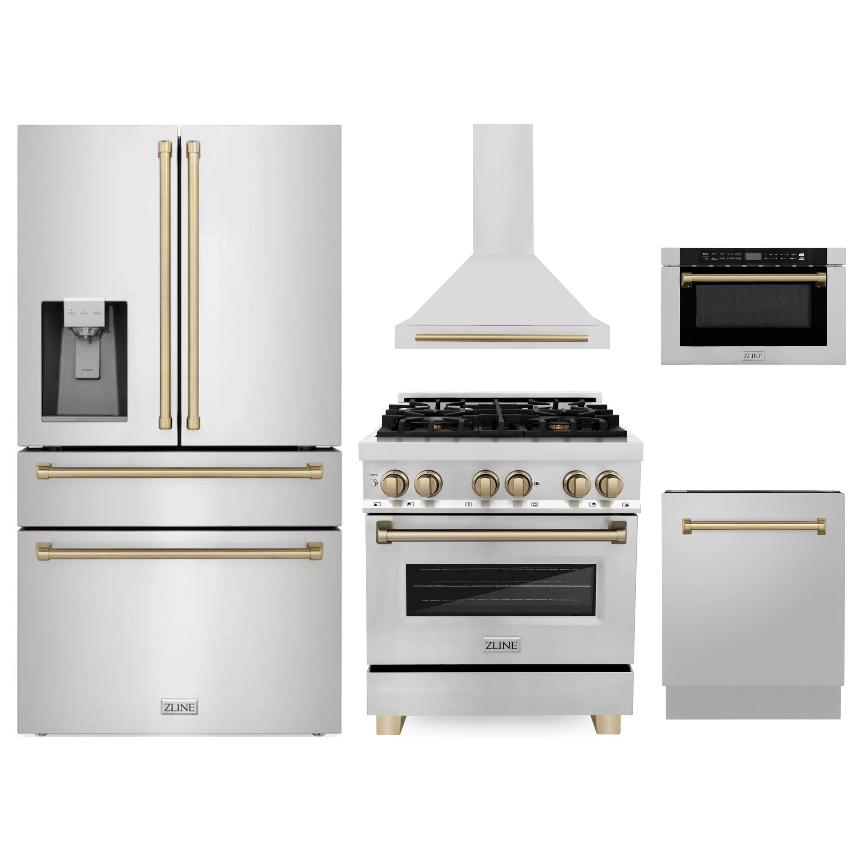 Stainless steel appliance package with range, hood, refrigerator, dishwasher, bronze accents