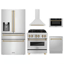 ZLINE 5-Piece Appliance Package - 30-Inch Legacy Autograph Dual Fuel Range, Wall Mount Range Hood, 36-Inch French Door Refrigerator with Water Dispenser, Dishwasher, and 30-Inch Microwave Drawer in Stainless Steel with Champagne Bronze Accents