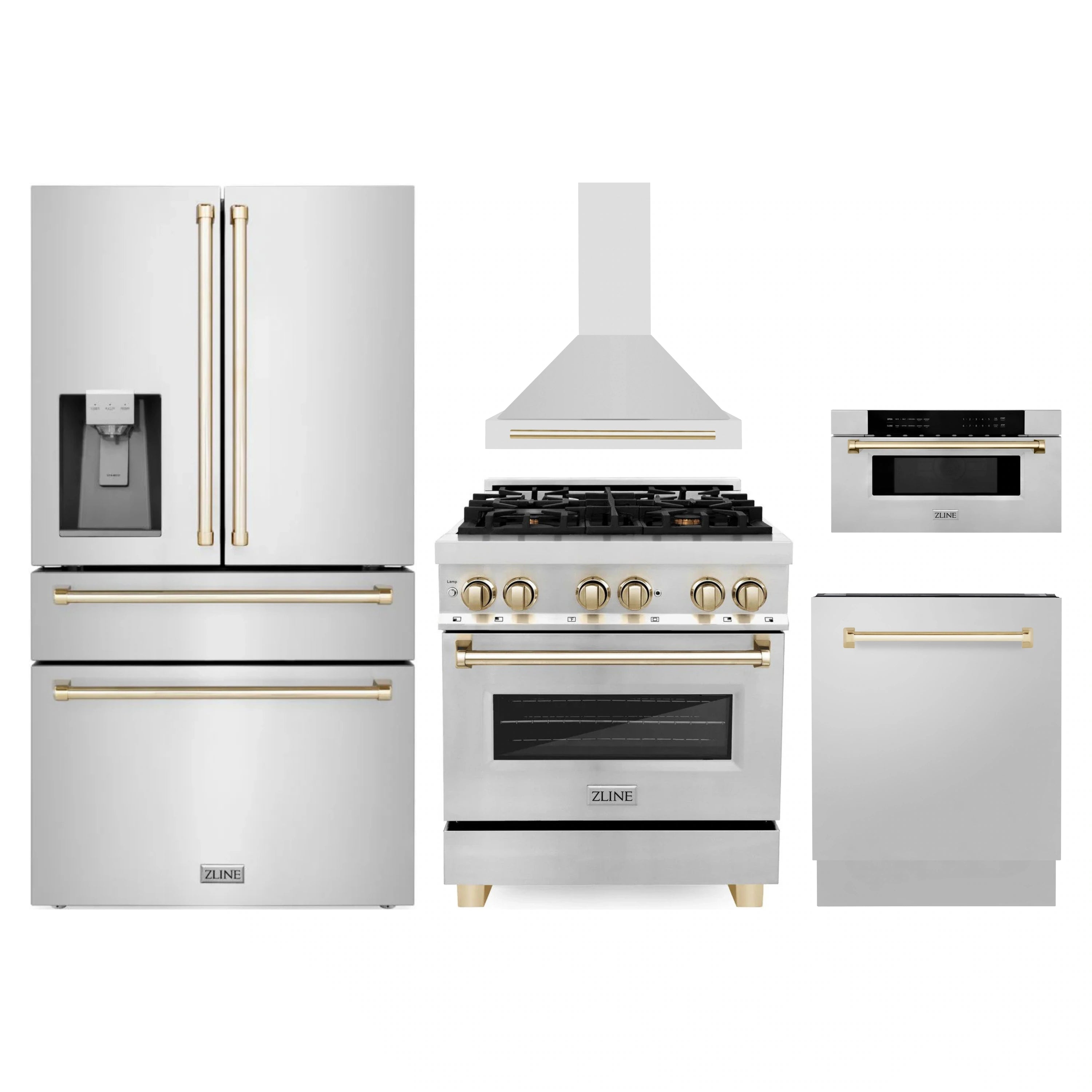 Stainless steel appliance package with French door refrigerator, range, hood, microwave, dishwasher