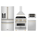 ZLINE 5-Piece Appliance Package - 30-Inch Legacy Autograph Dual Fuel Range, Wall Mount Range Hood, 36-Inch French Door Refrigerator with Water Dispenser, Dishwasher, and 30-Inch Microwave Drawer in Stainless Steel with Gold Accents