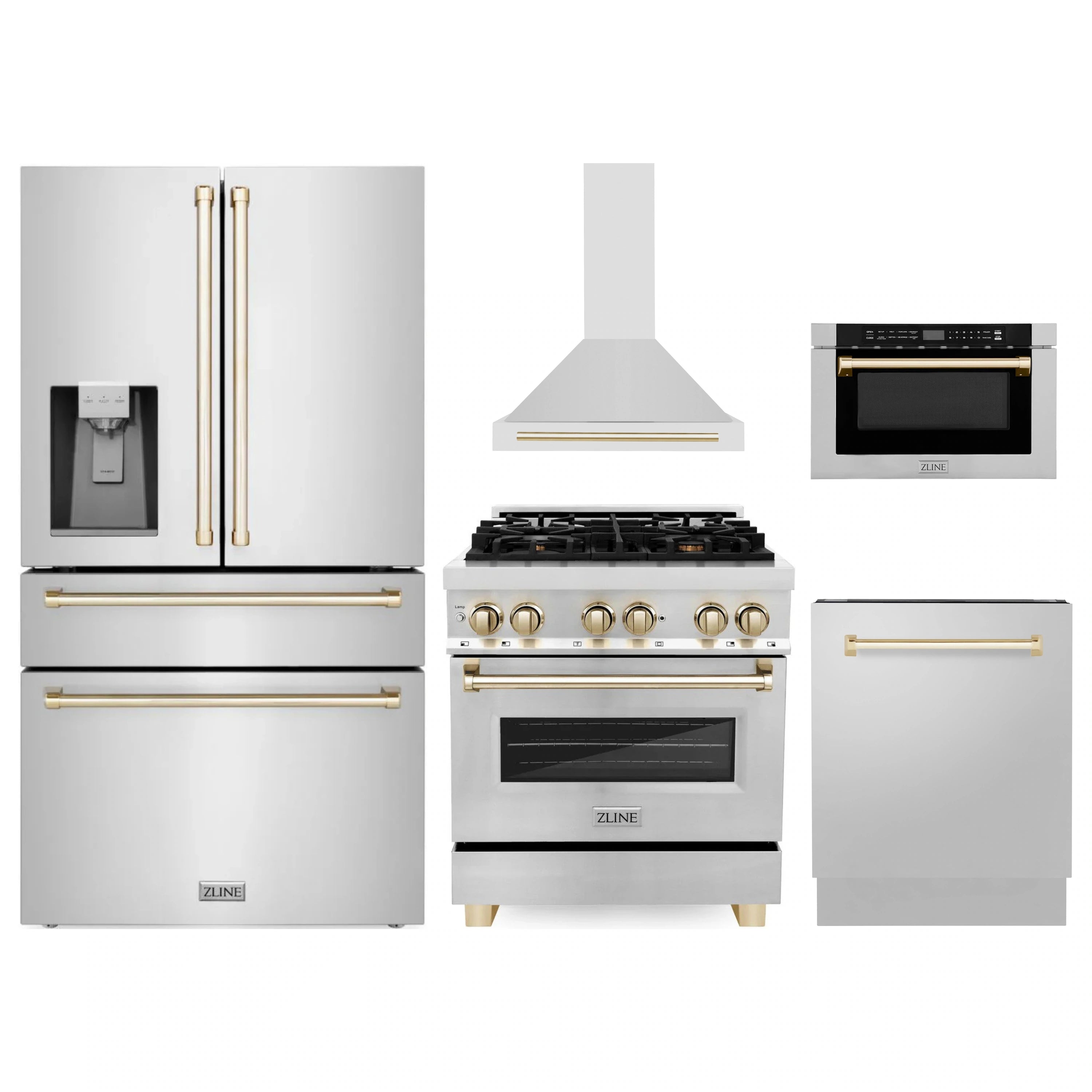 Stainless kitchen appliance set with gold-accented range, hood, microwave, dishwasher, fridge