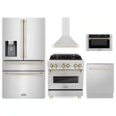 ZLINE 5-Piece Appliance Package - 30-Inch Legacy Autograph Dual Fuel Range, Wall Mount Range Hood, 36-Inch French Door Refrigerator with Water Dispenser, Dishwasher, and 30-Inch Microwave Drawer in Stainless Steel with Gold Accents