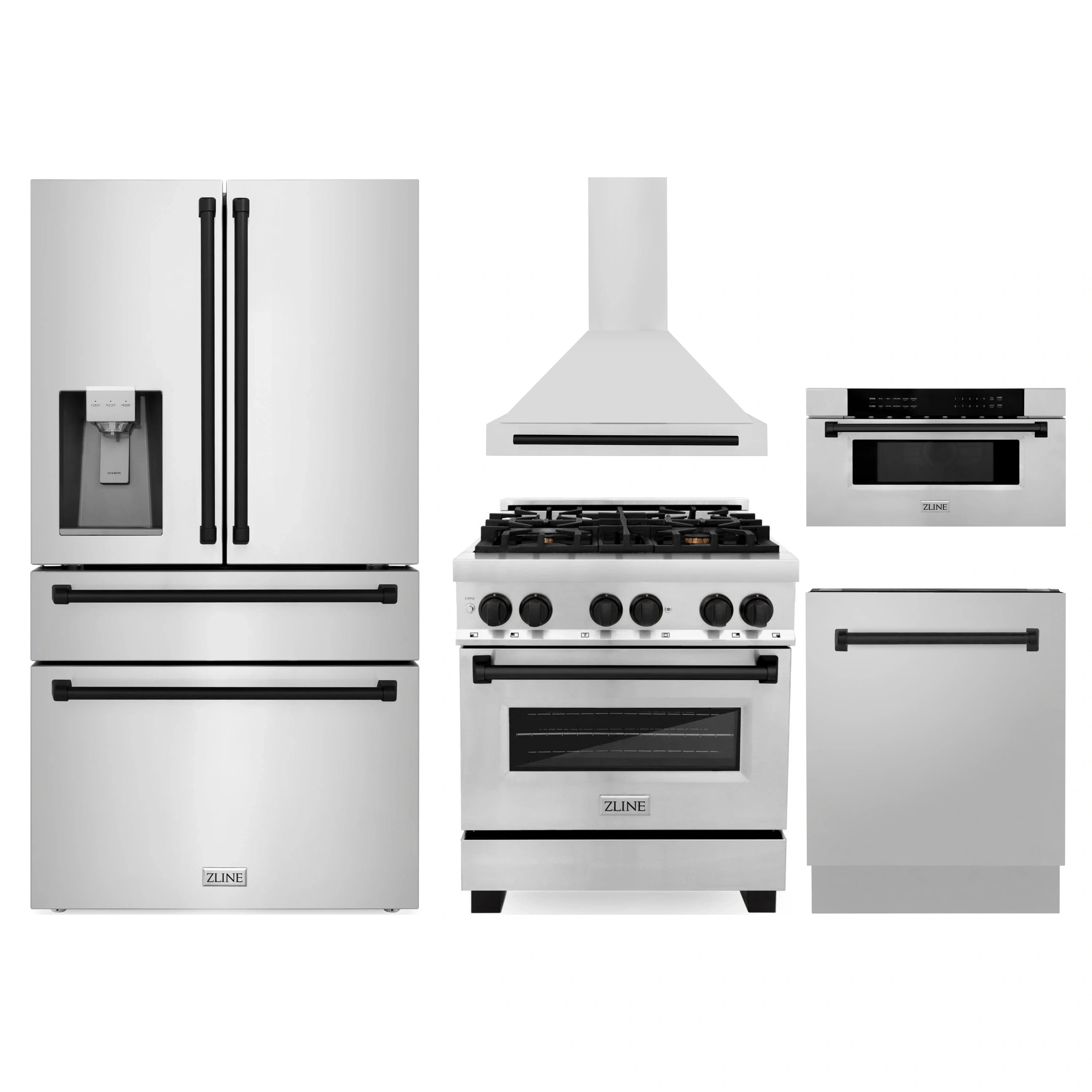 Stainless steel ZLINE appliance package with range, refrigerator, dishwasher, and hood