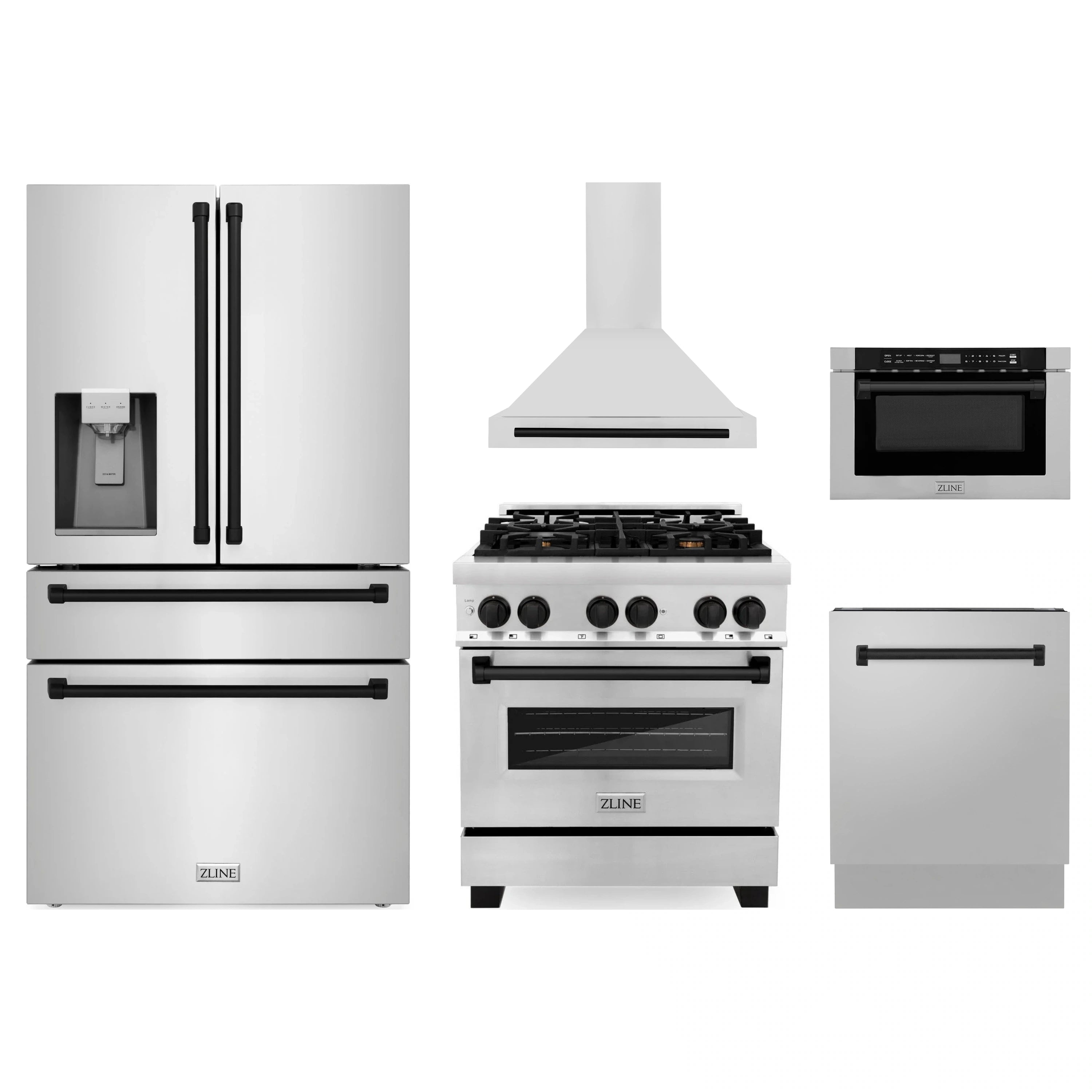 White dual-fuel range with black grates, control knobs, and oven door in a front view