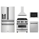 ZLINE 5-Piece Appliance Package - 30-Inch Legacy Autograph Dual Fuel Range, Wall Mount Range Hood, 36-Inch French Door Refrigerator with Water Dispenser, Dishwasher, and 30-Inch Microwave Drawer in Stainless Steel with Matte Black Accents
