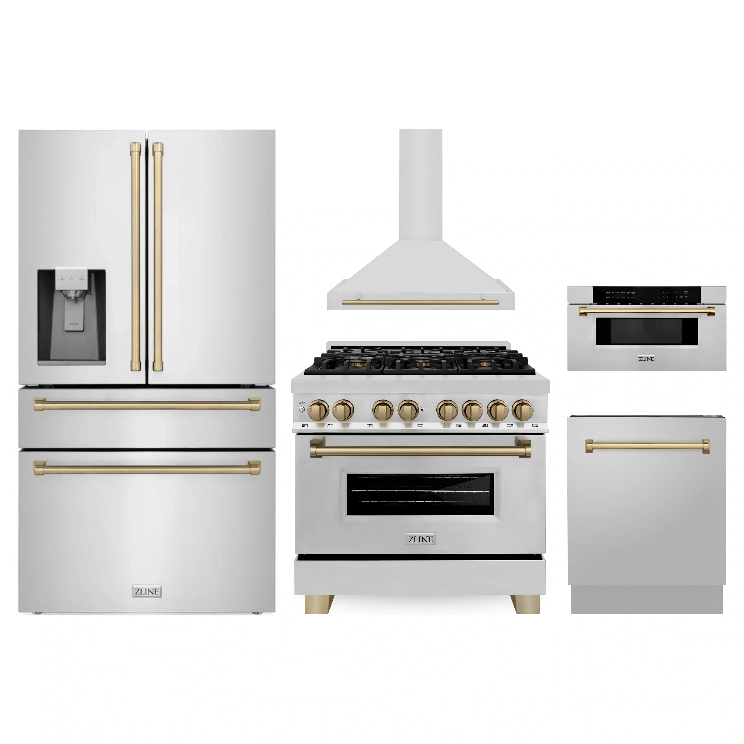 ZLINE 5-piece kitchen appliance package in stainless steel with champagne bronze accents