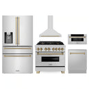 ZLINE 5-Piece Appliance Package - 36-Inch Legacy Autograph Dual Fuel Range, Wall Mount Range Hood, 36-Inch French Door Refrigerator with Water Dispenser, Dishwasher, and 30-Inch Microwave Drawer in Stainless Steel with Champagne Bronze Accents