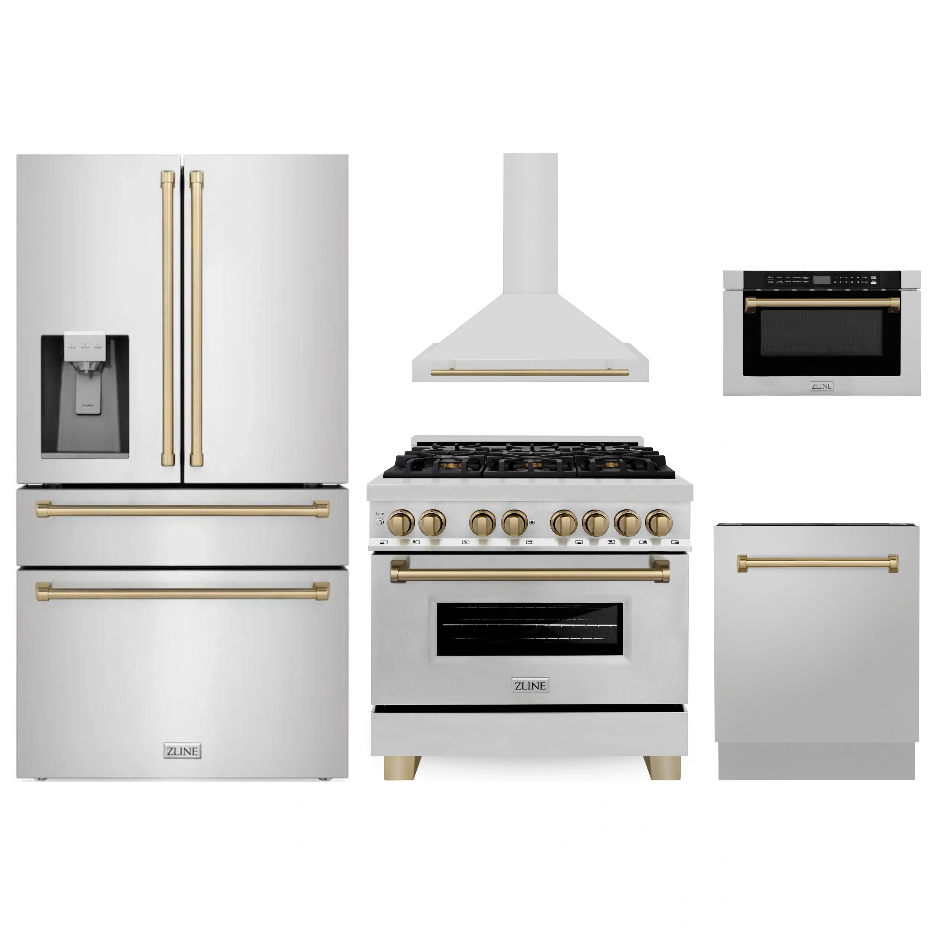 Stainless appliance package set featuring range, hood, refrigerator, and microwave drawer