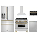 ZLINE 5-Piece Appliance Package - 36-Inch Legacy Autograph Dual Fuel Range, Wall Mount Range Hood, 36-Inch French Door Refrigerator with Water Dispenser, Dishwasher, and 30-Inch Microwave Drawer in Stainless Steel with Champagne Bronze Accents