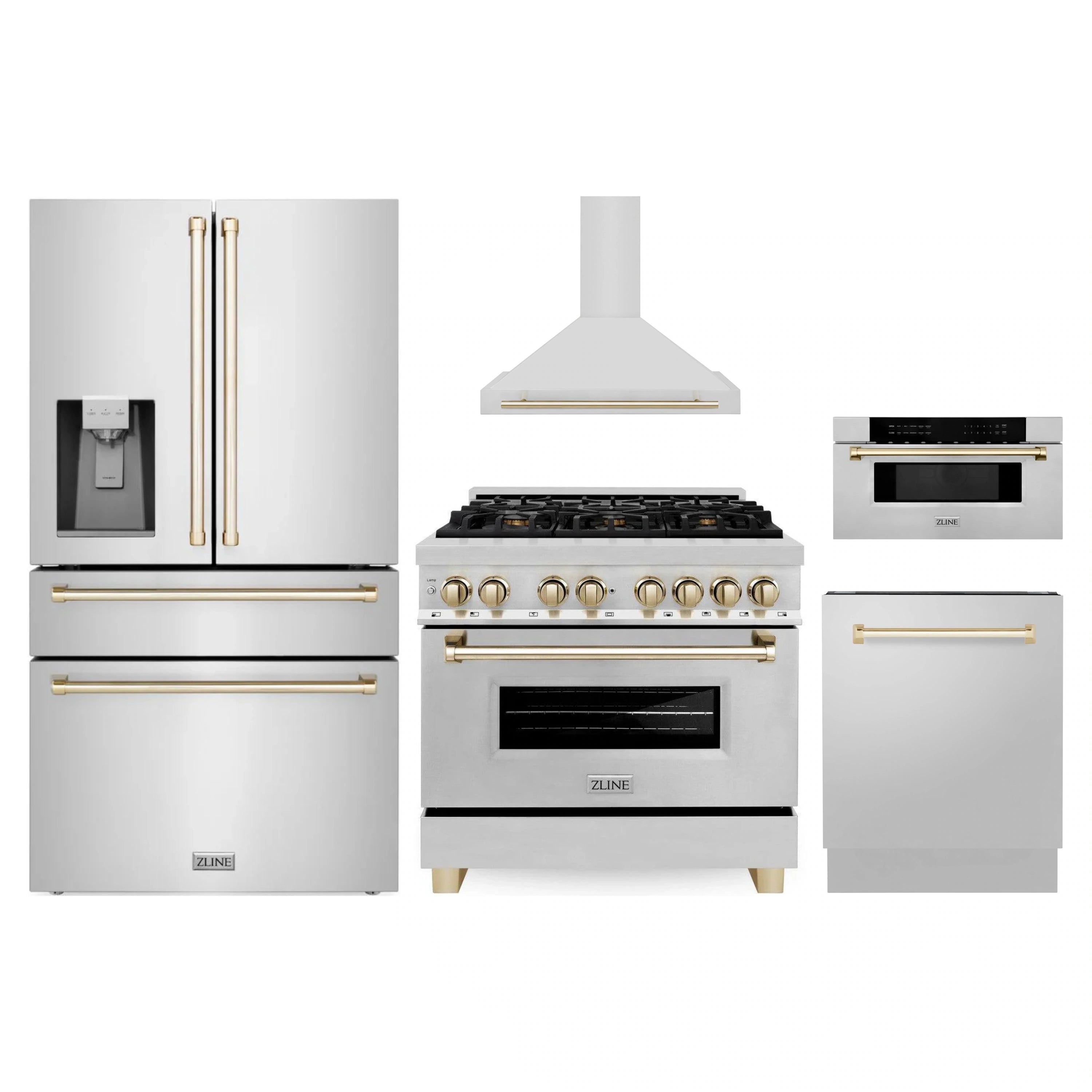 Stainless steel appliance package set with range, refrigerator, and hood