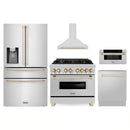 ZLINE 5-Piece Appliance Package - 36-Inch Legacy Autograph Dual Fuel Range, Wall Mount Range Hood, 36-Inch French Door Refrigerator with Water Dispenser, Dishwasher, and 30-Inch Microwave Drawer in Stainless Steel with Gold Accents