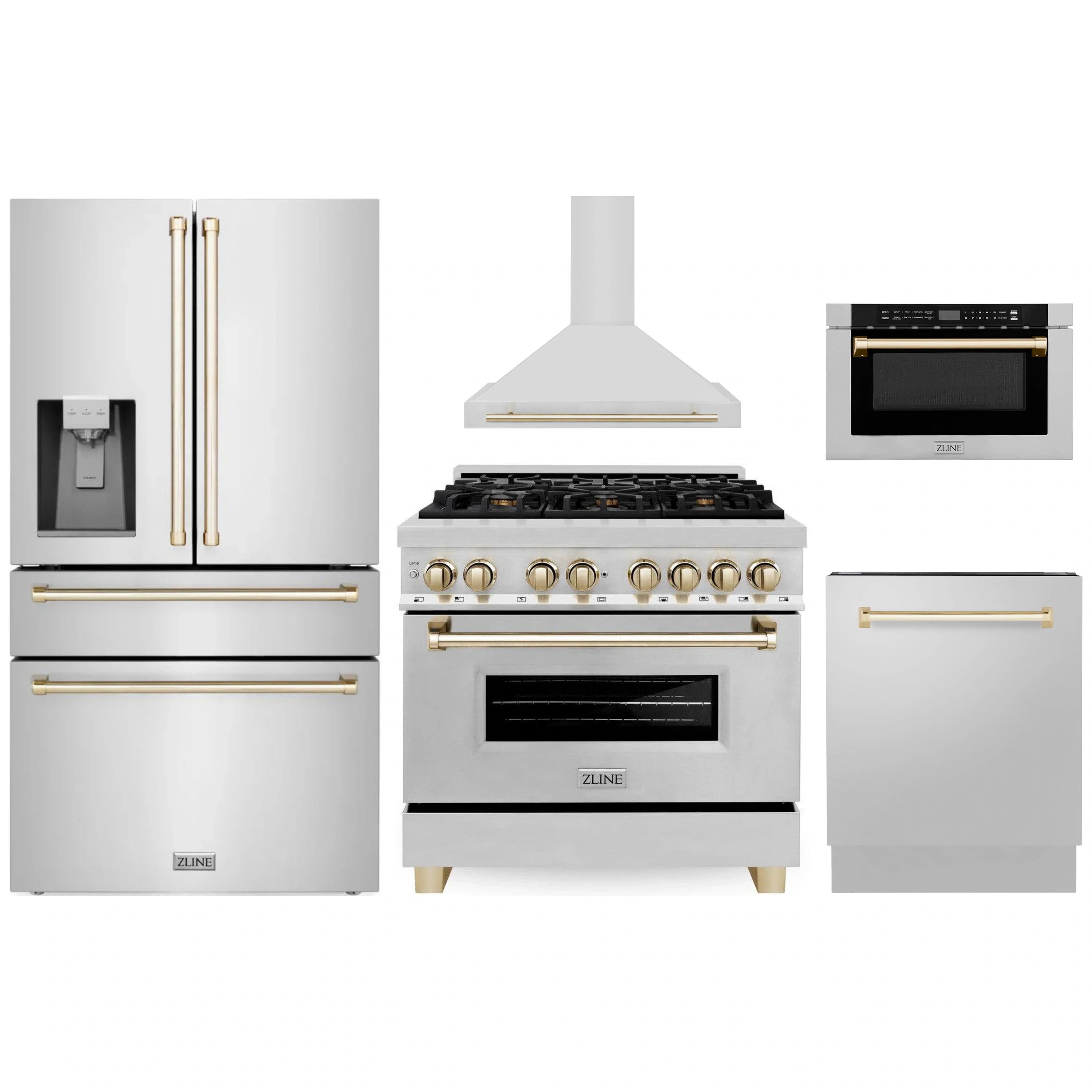 Stainless steel appliance package with gold accents: range, hood, fridge, microwave