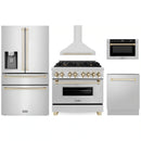 ZLINE 5-Piece Appliance Package - 36-Inch Legacy Autograph Dual Fuel Range, Wall Mount Range Hood, 36-Inch French Door Refrigerator with Water Dispenser, Dishwasher, and 30-Inch Microwave Drawer in Stainless Steel with Gold Accents