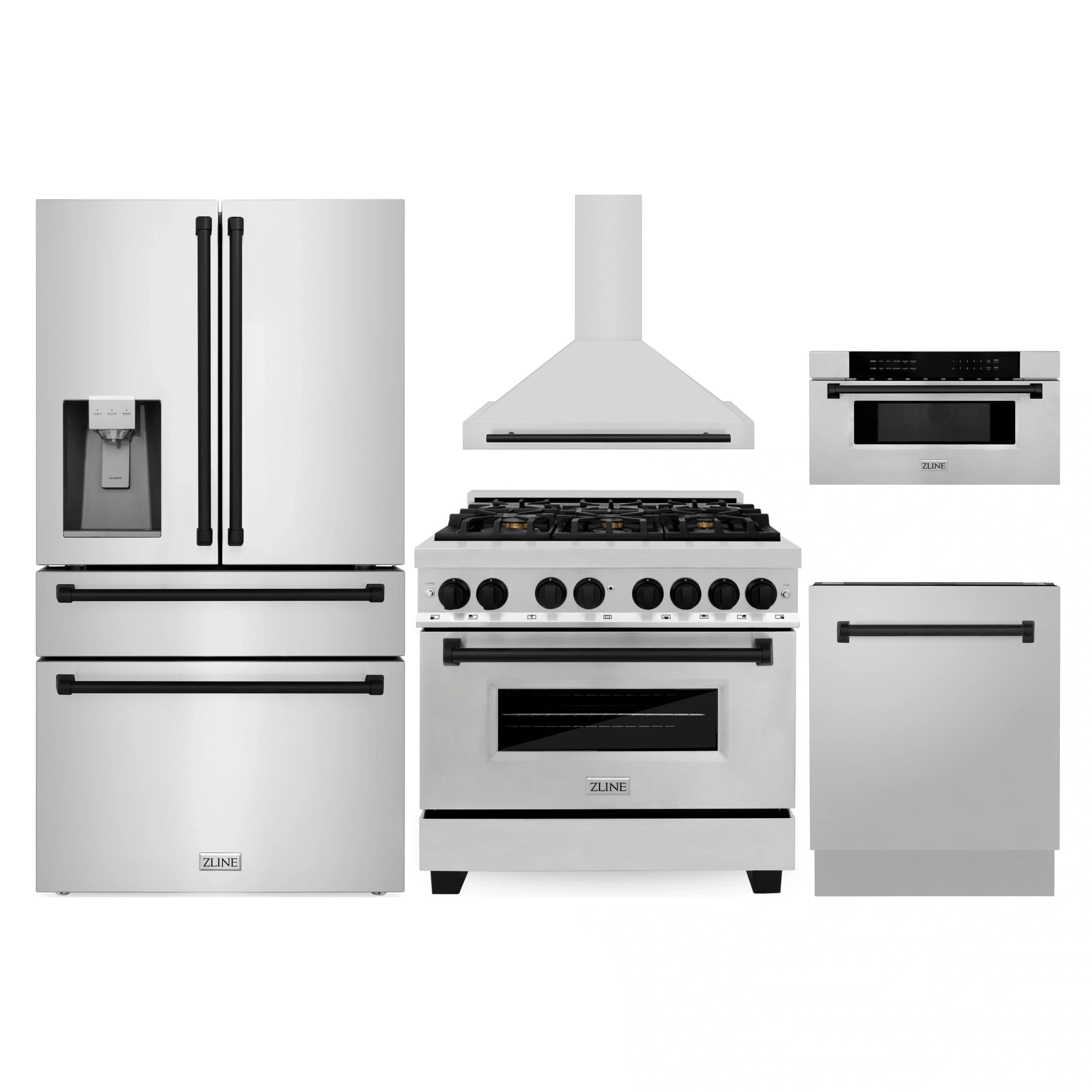 Kitchen appliance package: stainless range with knobs, wall hood, fridge, microwave drawer, dishwasher