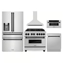 ZLINE 5-Piece Appliance Package - 36-Inch Legacy Autograph Dual Fuel Range, Wall Mount Range Hood, 36-Inch French Door Refrigerator with Water Dispenser, Dishwasher, and 30-Inch Microwave Drawer in Stainless Steel with Matte Black Accents