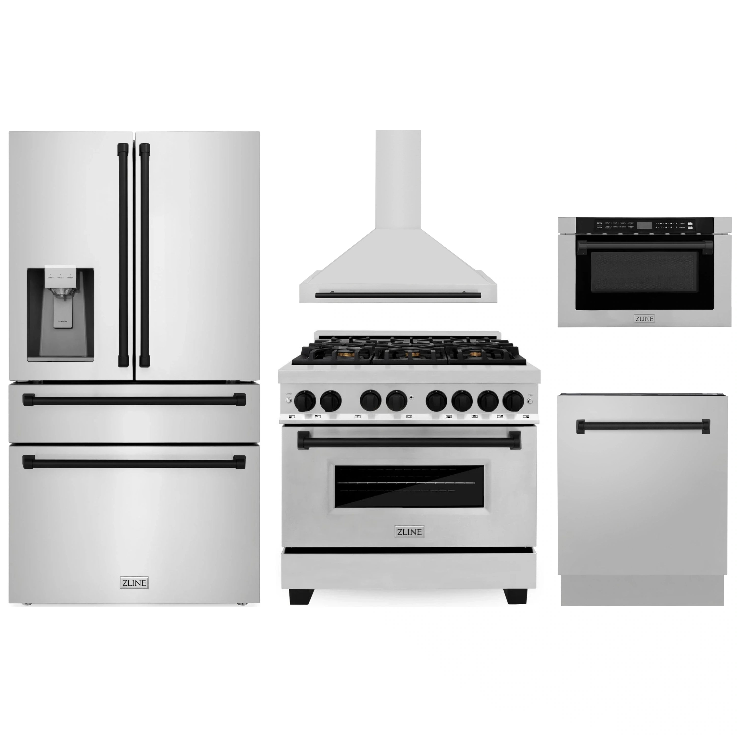 Stainless steel kitchen appliance package with refrigerator, range, hood, microwave drawer, dishwasher
