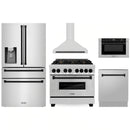 ZLINE 5-Piece Appliance Package - 36-Inch Legacy Autograph Dual Fuel Range, Wall Mount Range Hood, 36-Inch French Door Refrigerator with Water Dispenser, Dishwasher, and 30-Inch Microwave Drawer in Stainless Steel with Matte Black Accents