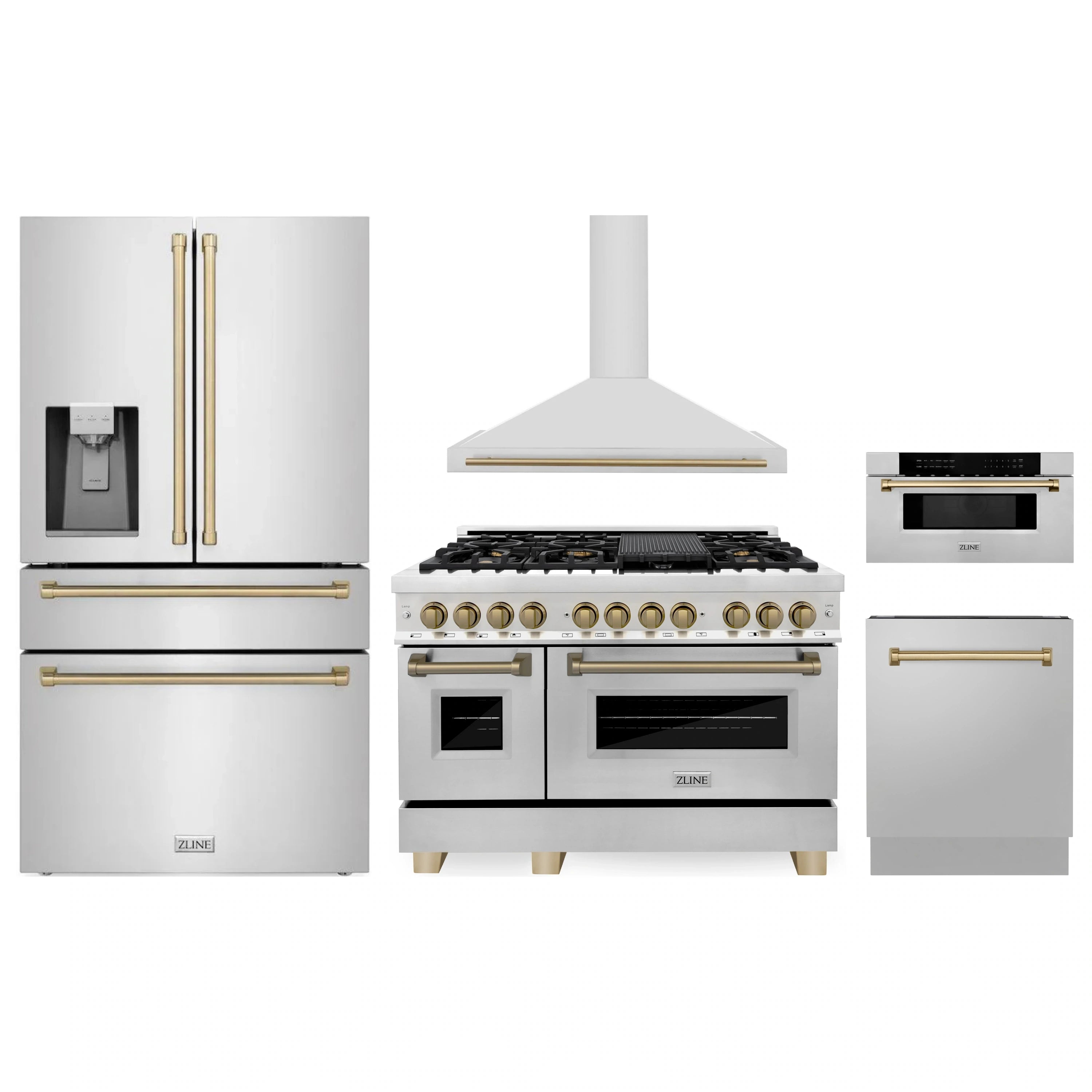 Stainless steel appliance package set with range, refrigerator, range hood, and microwave