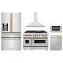 ZLINE 5-Piece Appliance Package - 48-Inch Legacy Autograph Dual Fuel Range, Wall Mount Range Hood, 36-Inch French Door Refrigerator with Water Dispenser, Dishwasher, and 30-Inch Microwave Drawer in Stainless Steel with Champagne Bronze Accents