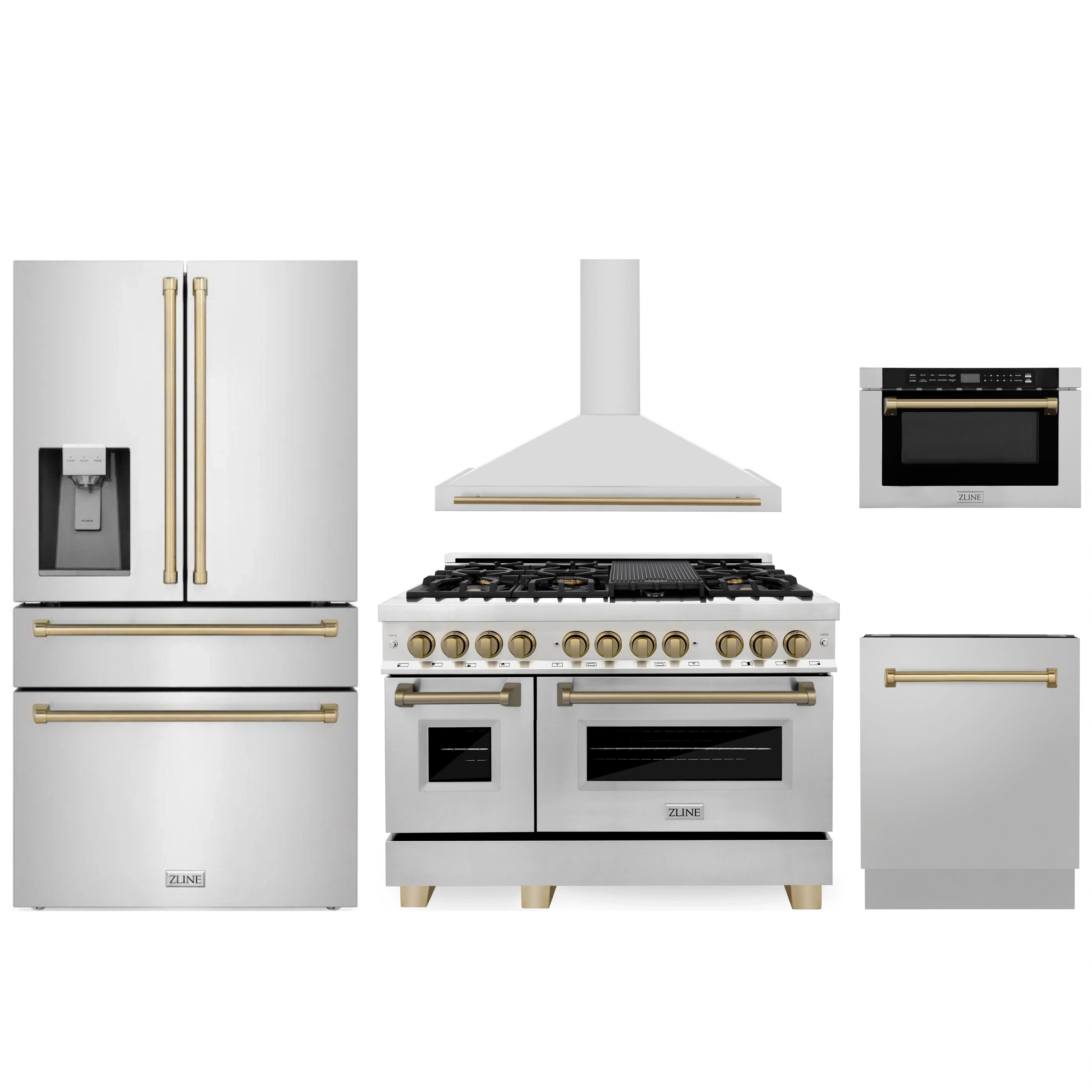 Stainless 5-piece appliance package with refrigerator, dual fuel range, and microwave drawer