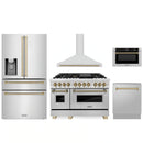 ZLINE 5-Piece Appliance Package - 48-Inch Legacy Autograph Dual Fuel Range, Wall Mount Range Hood, 36-Inch French Door Refrigerator with Water Dispenser, Dishwasher, and 30-Inch Microwave Drawer in Stainless Steel with Champagne Bronze Accents