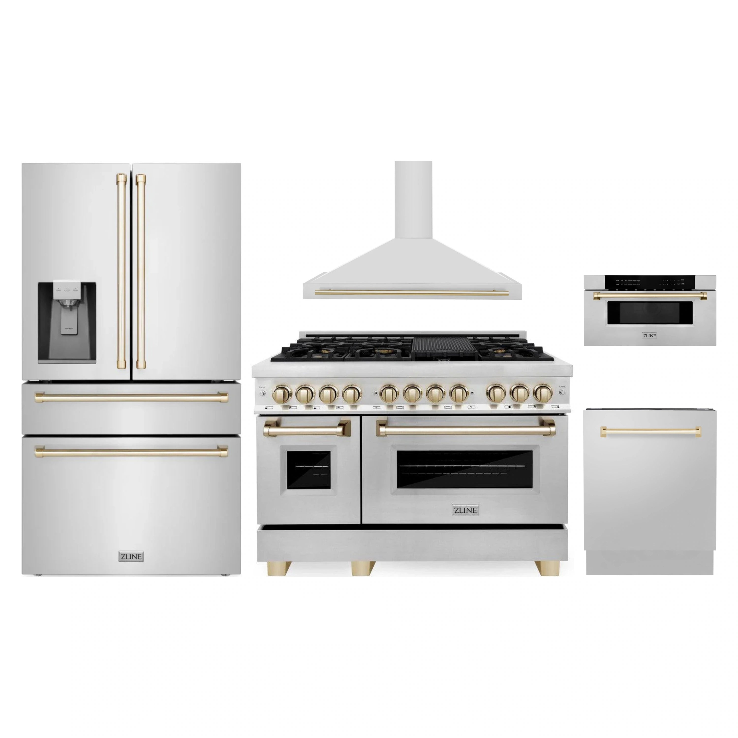 Stainless steel appliance package showing range oven, hood, microwave drawer, and refrigerator