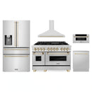 ZLINE 5-Piece Appliance Package - 48-Inch Legacy Autograph Dual Fuel Range, Wall Mount Range Hood, 36-Inch French Door Refrigerator with Water Dispenser, Dishwasher, and 30-Inch Microwave Drawer in Stainless Steel with Gold Accents