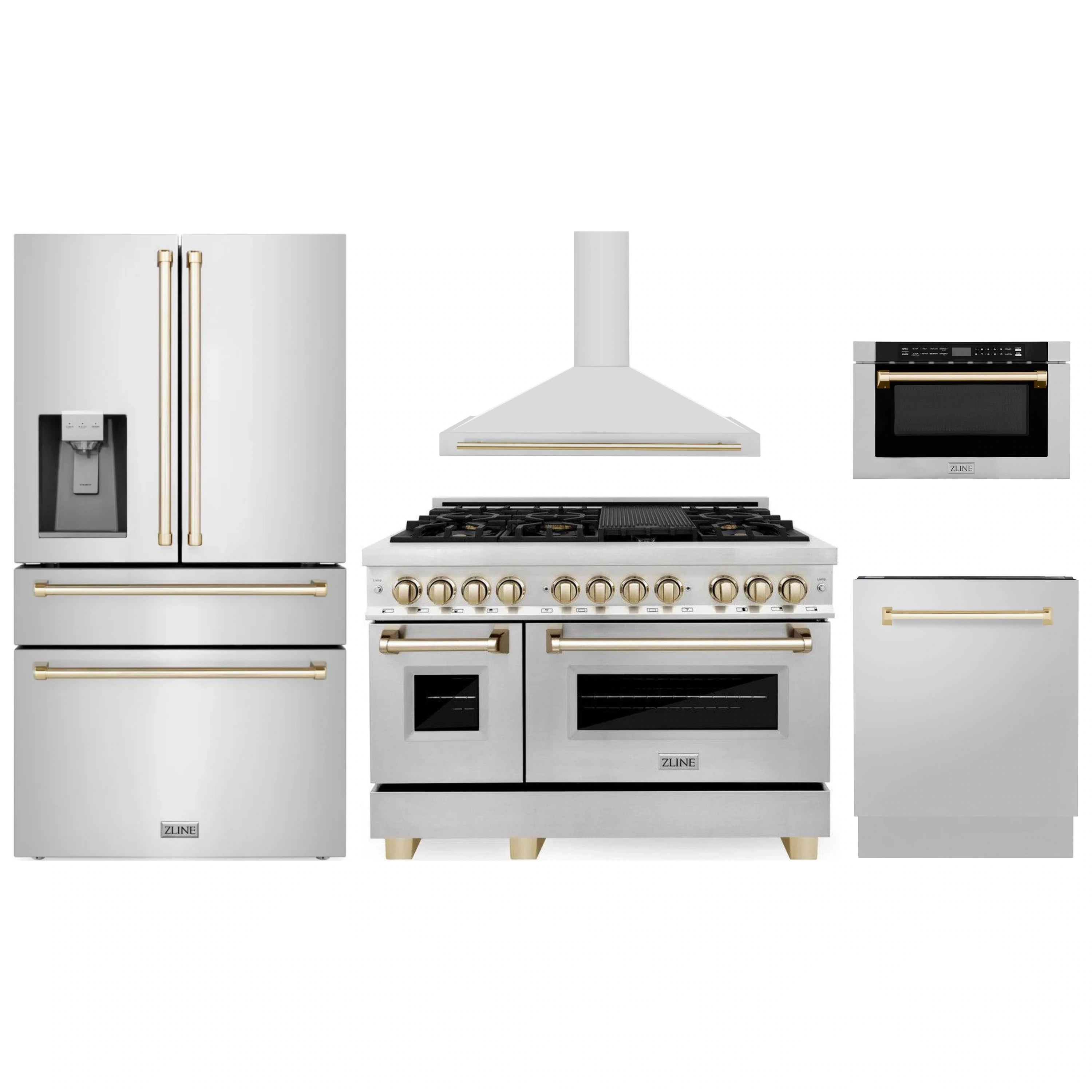 Kitchen appliance set with range, refrigerator, microwave and hood; white with gold accents