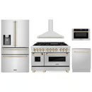 ZLINE 5-Piece Appliance Package - 48-Inch Legacy Autograph Dual Fuel Range, Wall Mount Range Hood, 36-Inch French Door Refrigerator with Water Dispenser, Dishwasher, and 30-Inch Microwave Drawer in Stainless Steel with Gold Accents