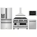 ZLINE 5-Piece Appliance Package - 48-Inch Legacy Autograph Dual Fuel Range, Wall Mount Range Hood, 36-Inch French Door Refrigerator with Water Dispenser, Dishwasher, and 30-Inch Microwave Drawer in Stainless Steel with Matte Black Accents