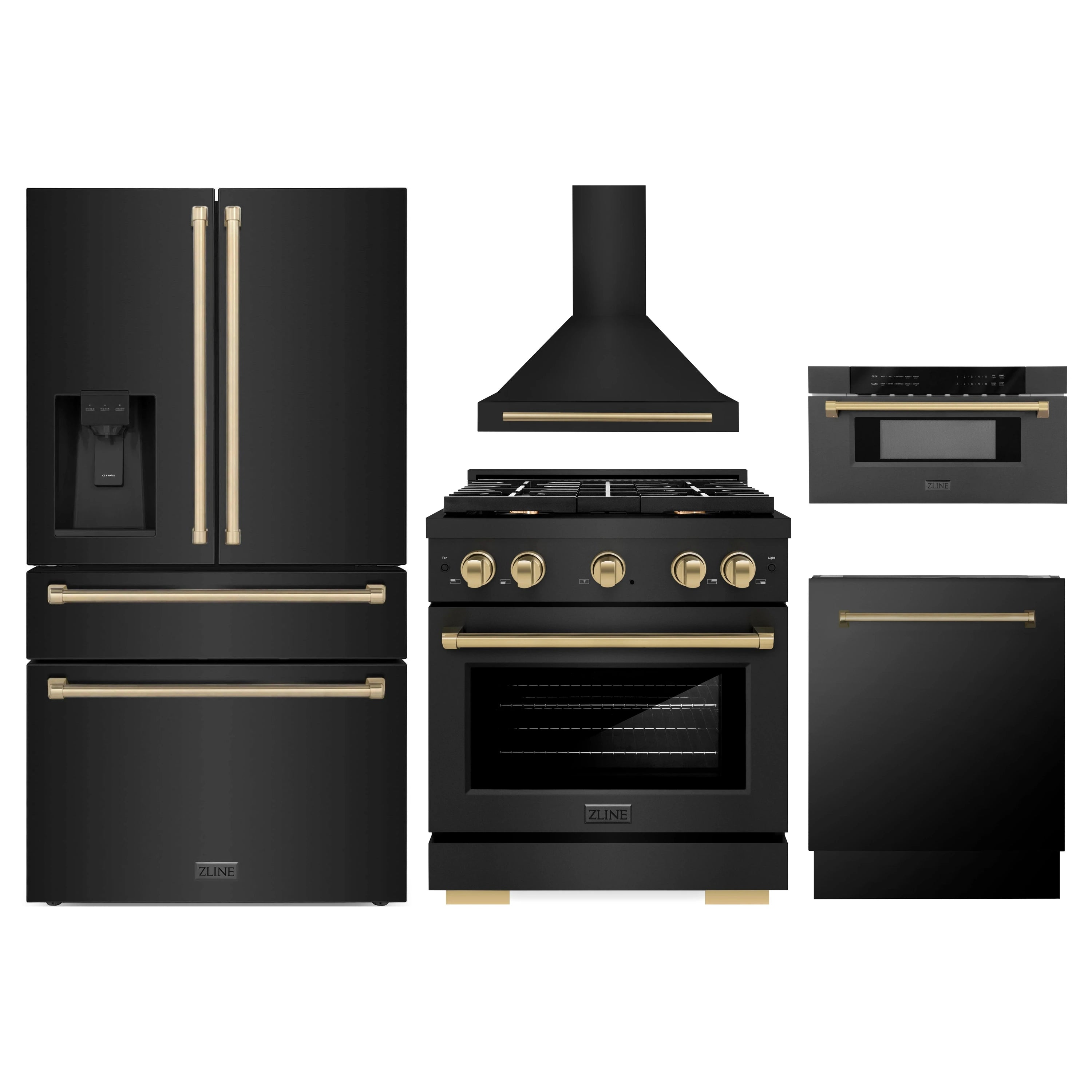 ZLINE black stainless appliance package with bronze accents: range, hood, refrigerator, dishwasher