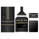 ZLINE 5-Piece Appliance Package - 30-Inch Paramount Dual Fuel Range, Wall Mount Range Hood, 36-Inch French Door Refrigerator with Water Dispenser, Dishwasher, and 30-Inch Microwave Drawer in Black Stainless Steel with Champagne Bronze Accents