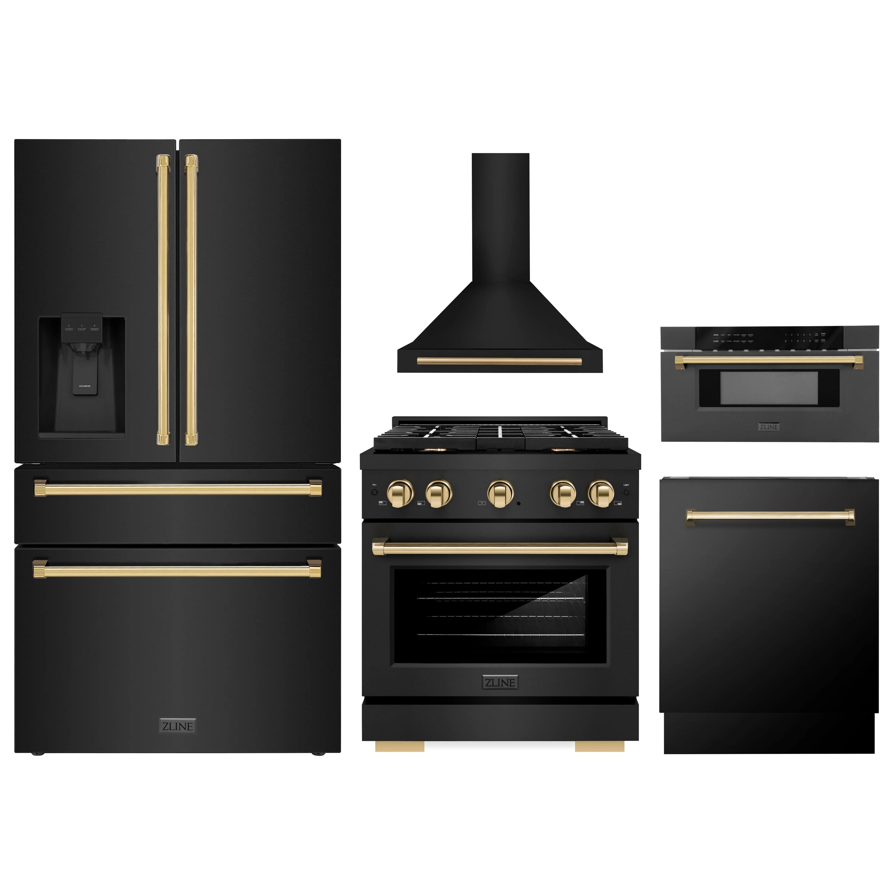 Black appliance bundle with gold accents: fridge, range, hood, microwave drawer